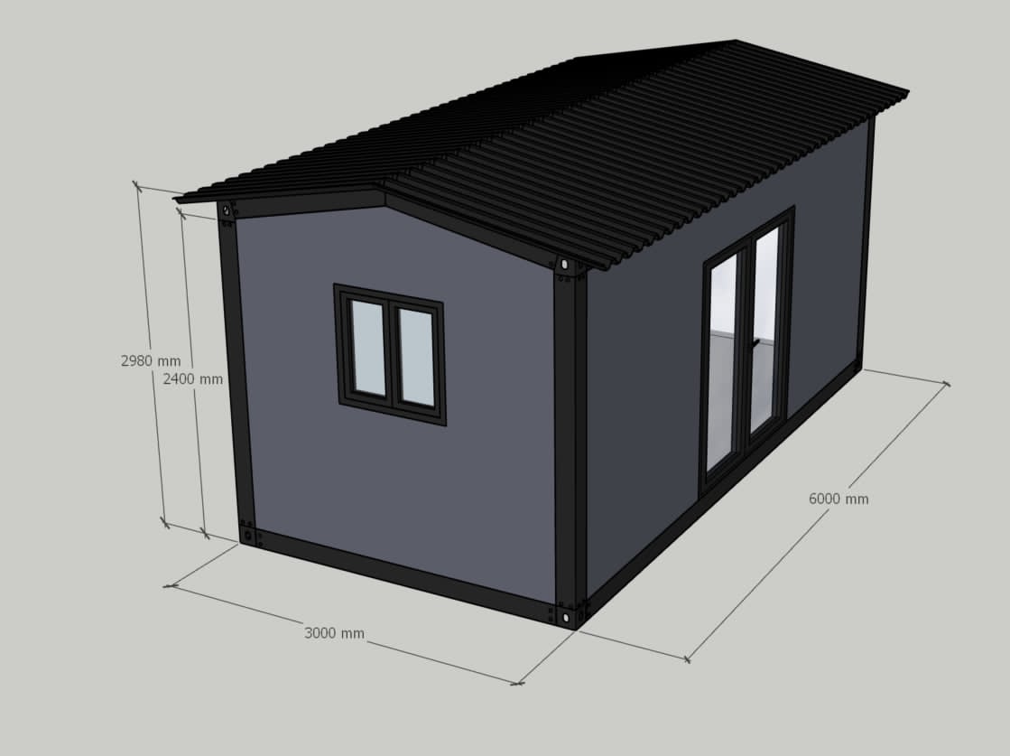 Dimensioned diagram of the shed: 6000mm long, 3000mm wide, 2400mm wall height rising to 2980mm at the ridge