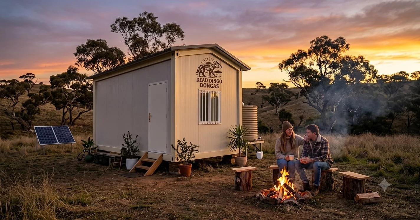 A Dead Dingo Donga insulated garden shed set up in a rural Australian paddock at sunset
