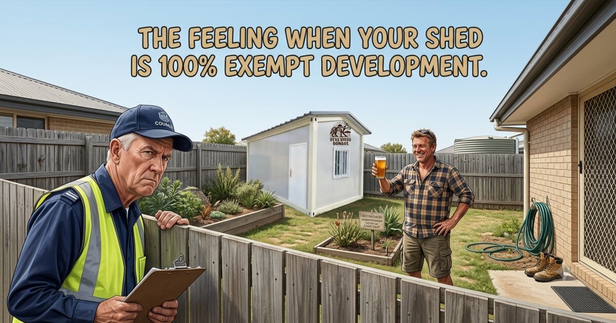 Cartoon of a council inspector peering over a back fence at a homeowner relaxing beside a Dead Dingo Donga shed