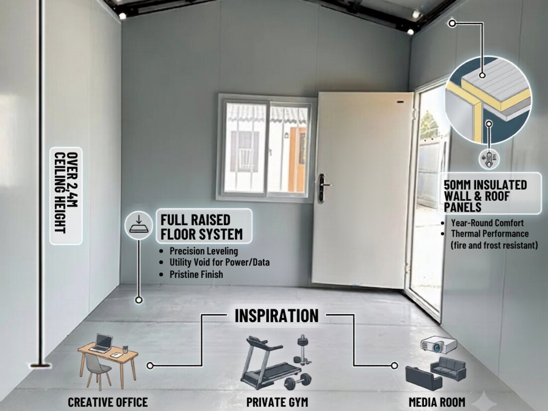 Annotated interior view of the shed showing over 2.4m ceiling height, the full raised floor system and 50mm insulated wall and roof panels