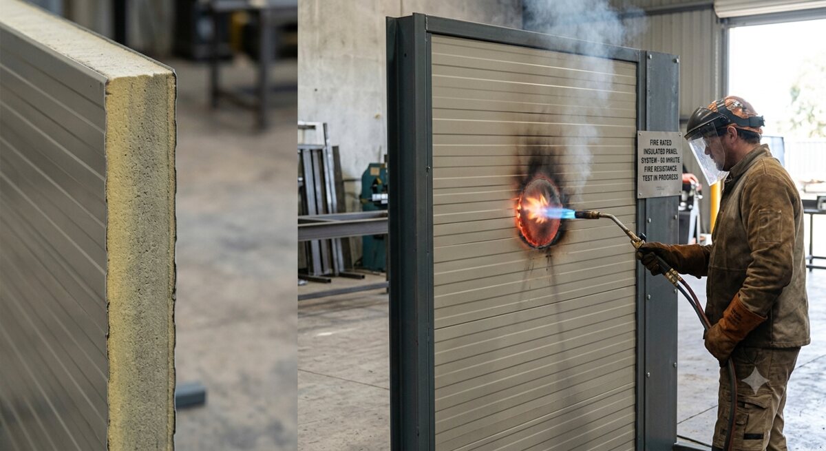 Cut edge of a wall panel alongside a fire resistance test, with a torch flame applied to the panel face