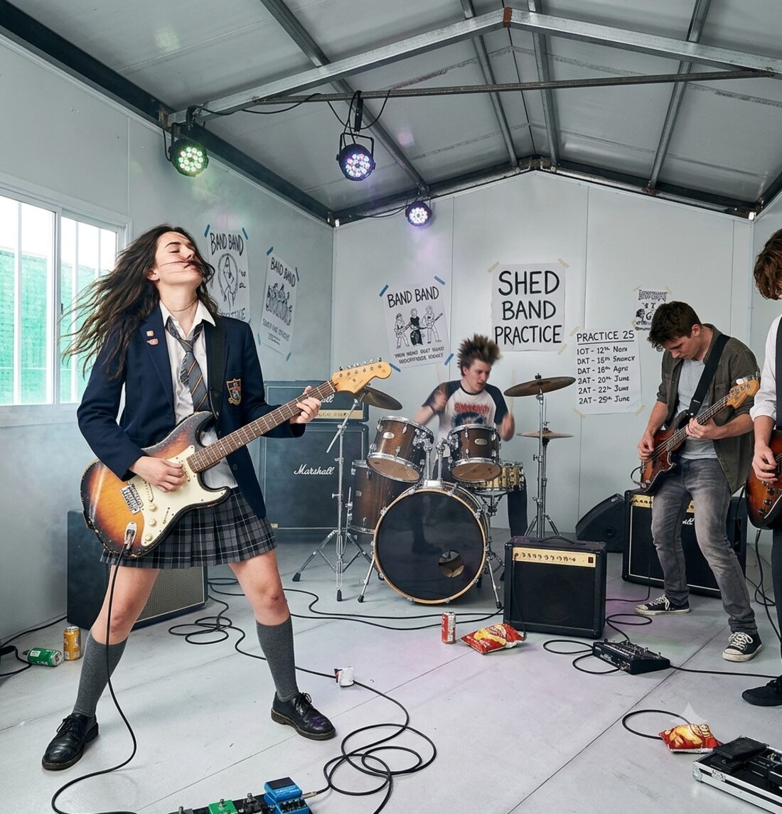 Teenagers rehearsing in an insulated garden shed used as a band practice room, with drum kit, amplifiers and stage lighting