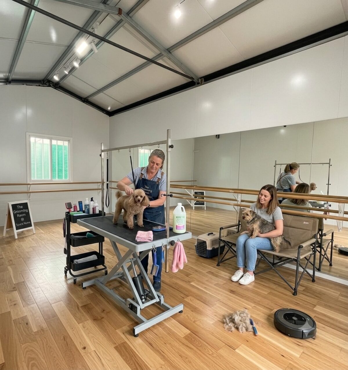 Interior of an insulated garden shed used as a dog grooming studio, with a hydraulic grooming table, timber floor, mirrored wall and ballet barre