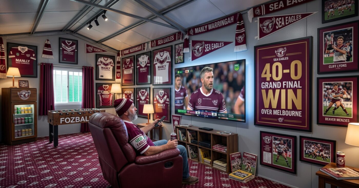 Interior of an insulated garden shed set up as a sports man cave, with a wall-mounted television, recliner, bar fridge and football memorabilia