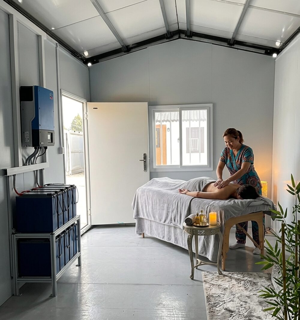 Interior of an insulated garden shed set up as a massage and treatment room, with a massage table, warm lamp and plants