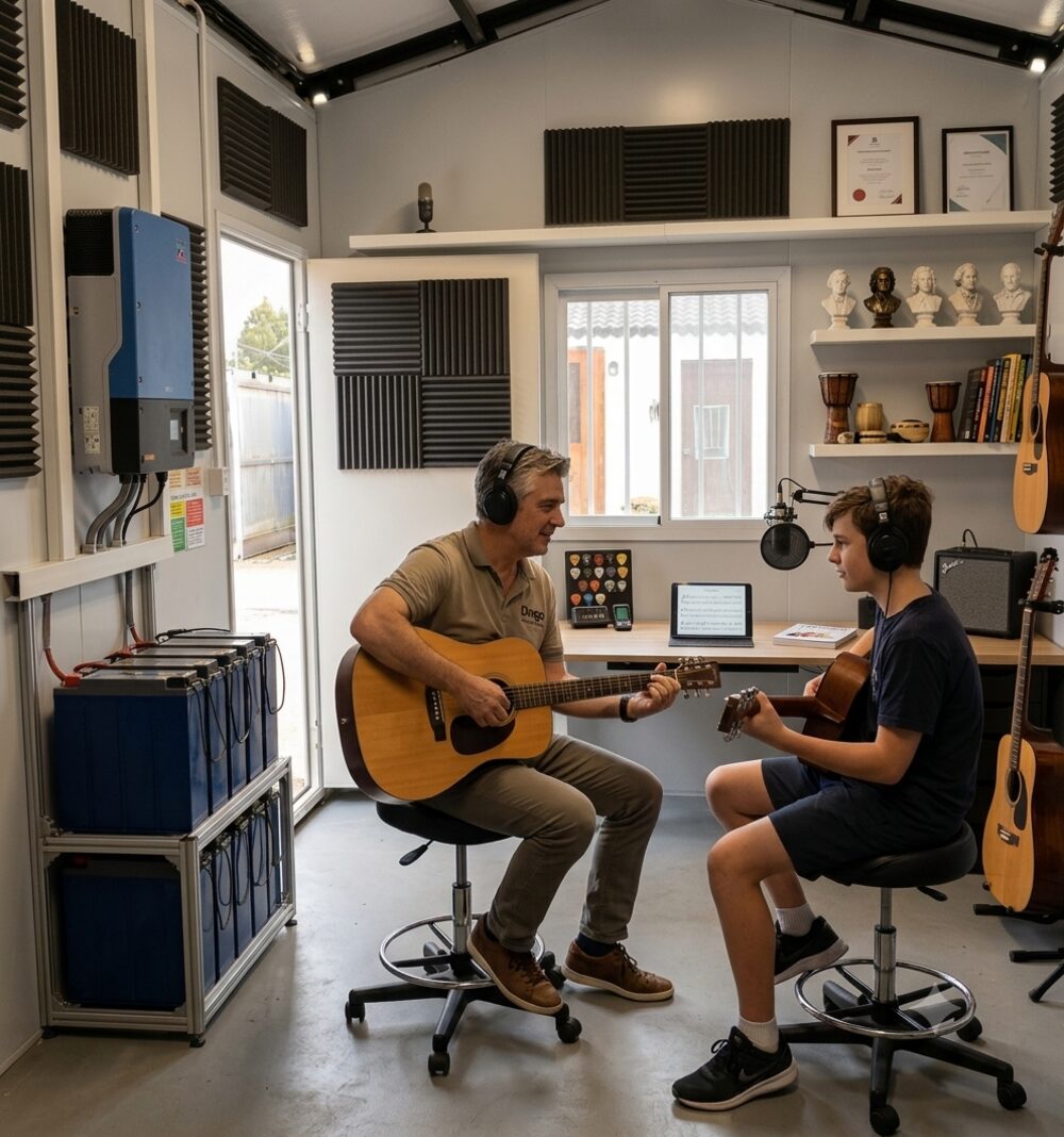 Interior of an insulated garden shed fitted out as a music teaching studio, with acoustic foam on the walls, guitars on stands and a teacher giving a lesson
